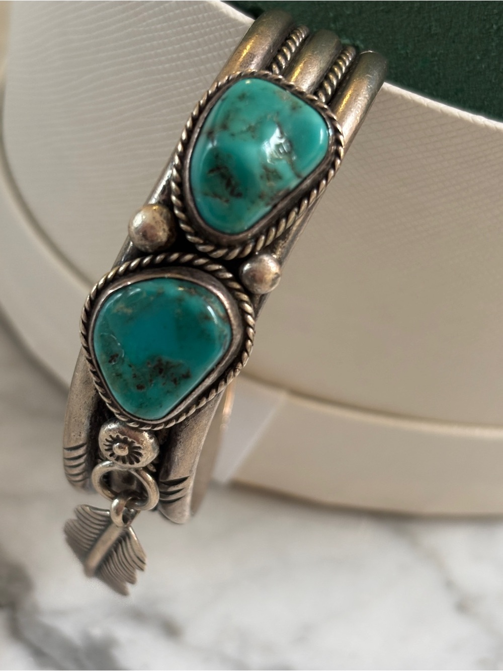 Sterling Silver Turquoise Cuff Bracelet with Feather Charm